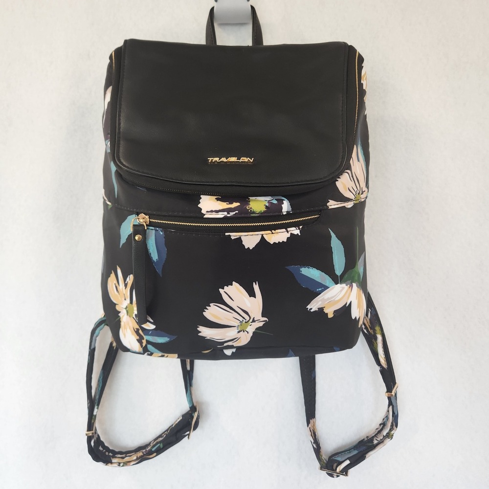 Travelon Addison Anti-Theft Backpack Midnight Floral Nylon Vegan Leather Gold